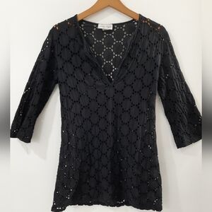 Jordan Taylor Vintage Black Eyelet V-Neck Swim Coverup Small EUC